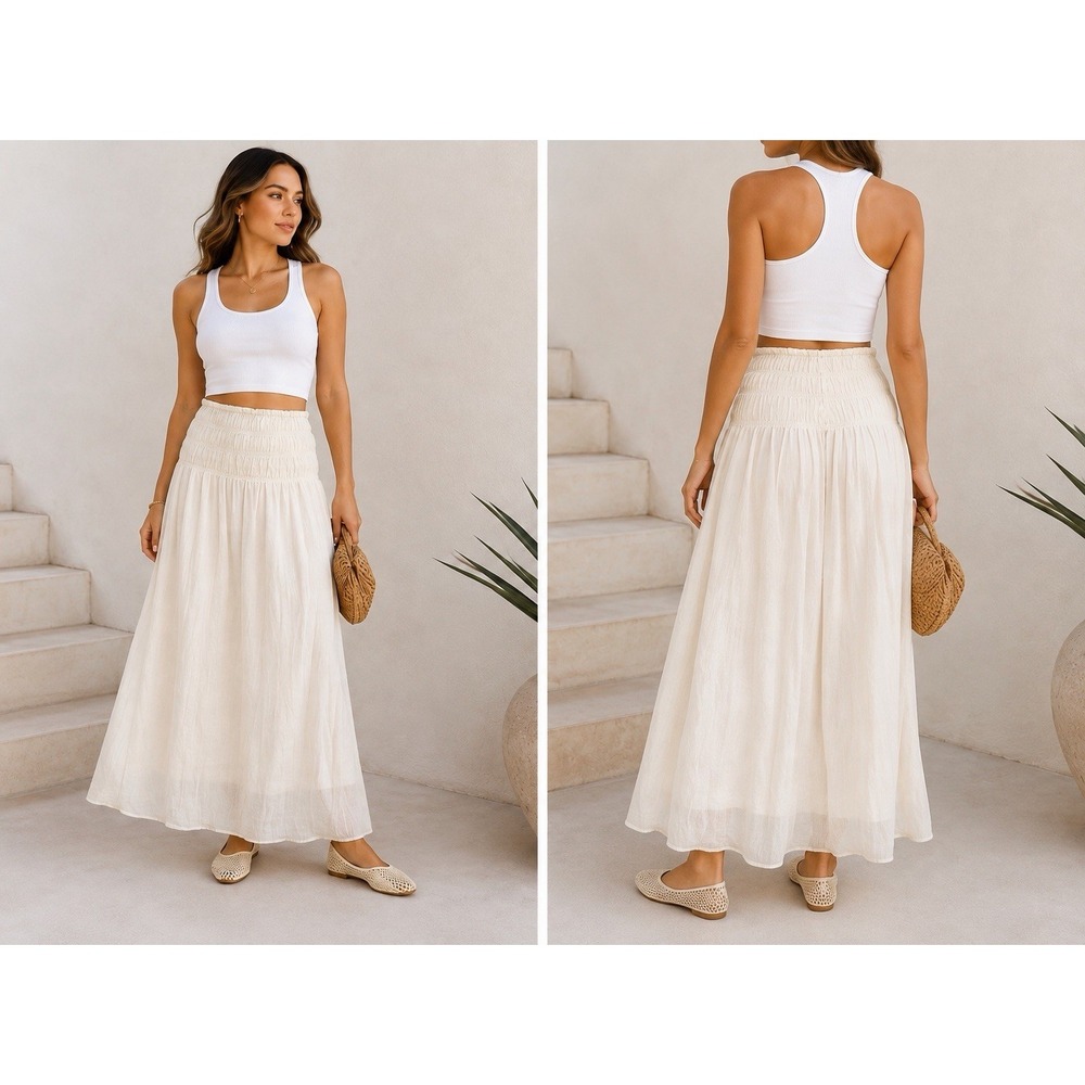 LPA Emelia Skirt XL Ivory Smocked Maxi Lyocell Revolve Resort Boho Flowy $228